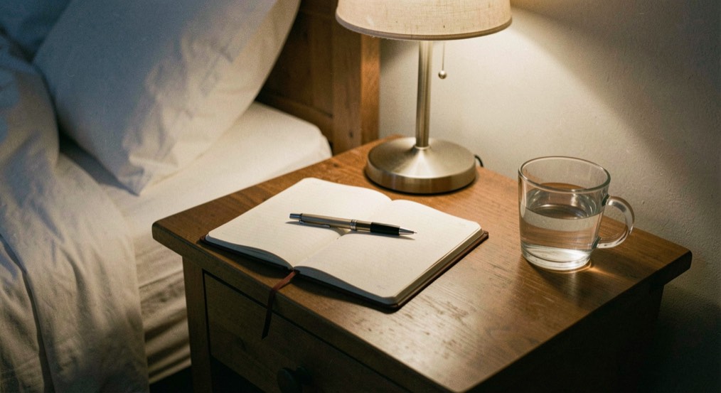 Bedside table at night with a small notebook open under a warm lamp, a pen laid across the page and a cup of water beside it