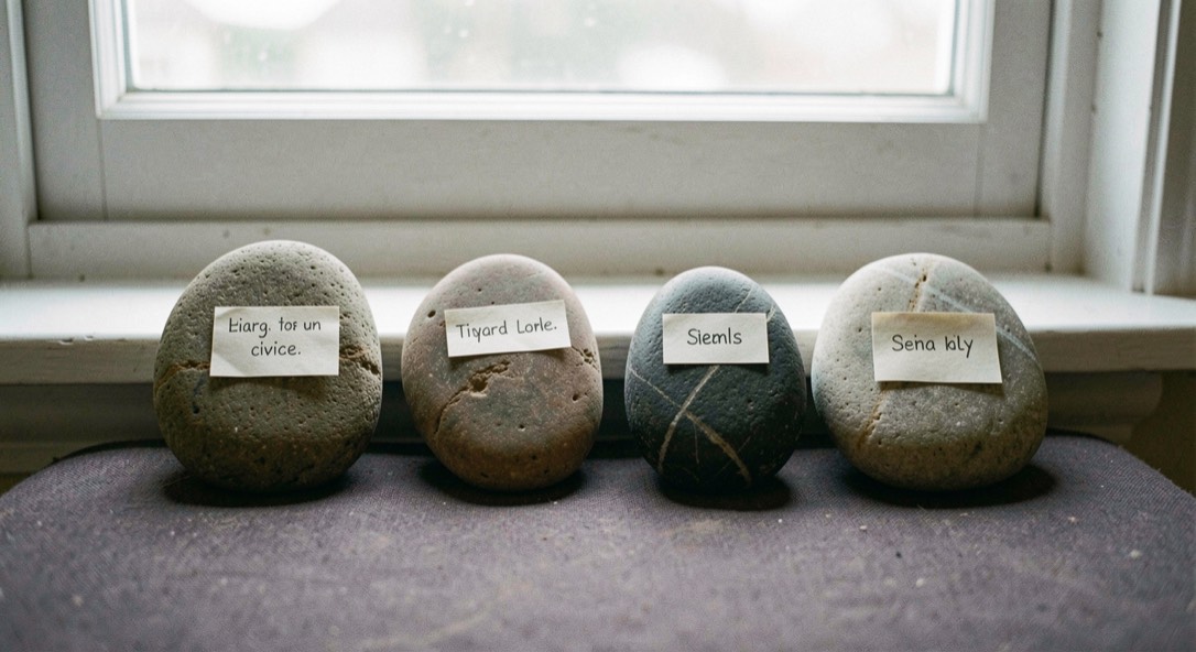 Four smooth stones arranged in a line on a windowsill above a meditation cushion, each stone holding a small paper label in soft daylight