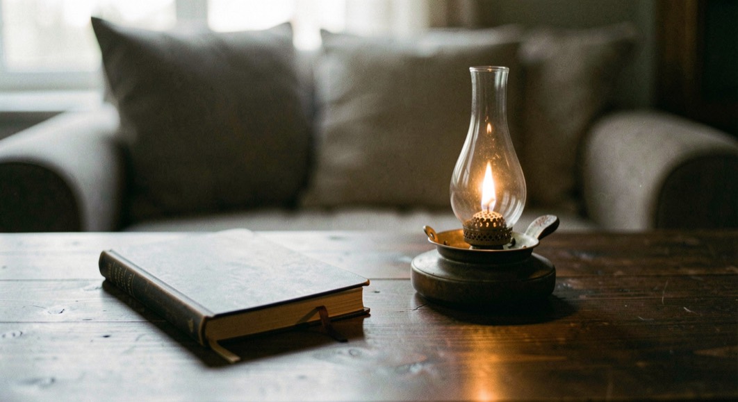 A single oil lamp burning steady beside a closed notebook on a dark wooden desk with faint evening shapes of cushions behind it