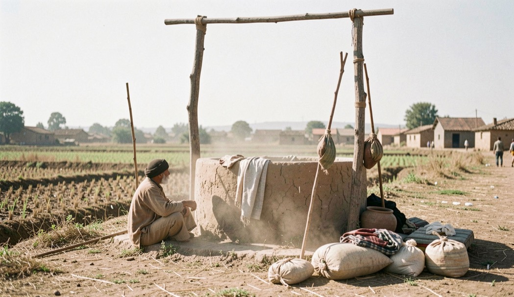 Travelers resting by a village well at the edge of fields with cloth bundles and staffs, dust on their robes under a high bright sky