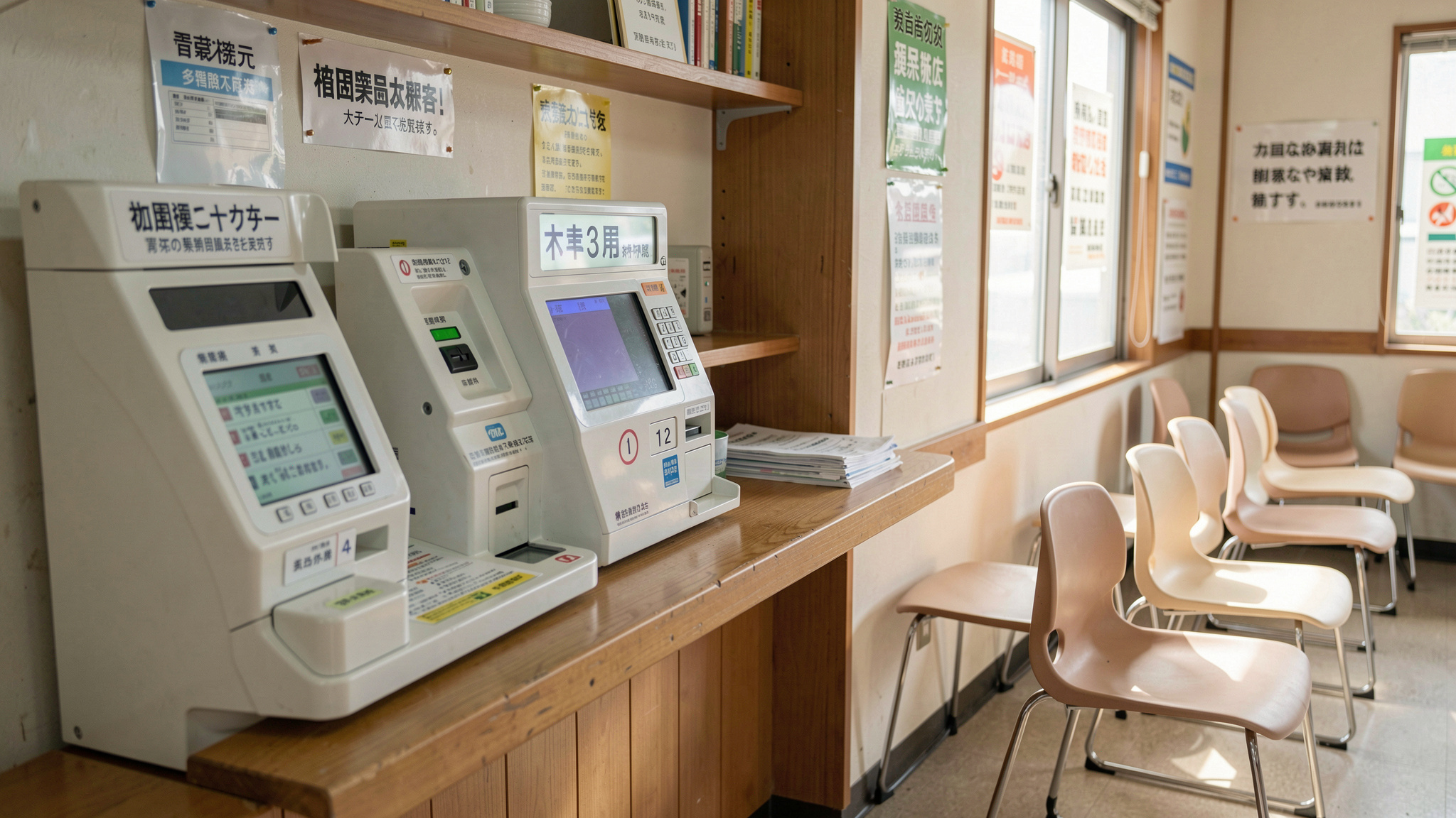 A municipal office counter in Japan with a numbered ticket machine and a row of plastic chairs, morning light through a window, medium shot from the waiting area.
