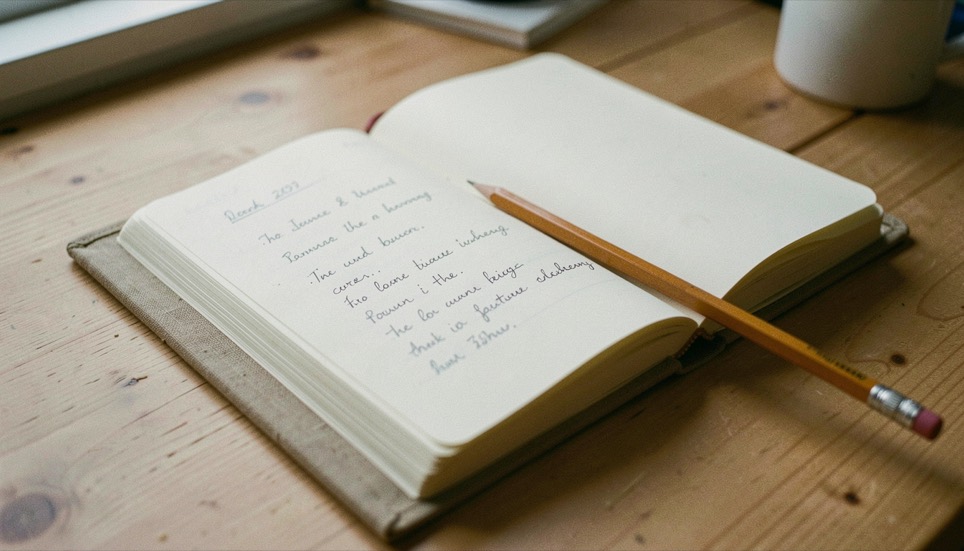 A wooden kitchen table in early morning light, a small ceramic cup of black coffee, a closed paper notebook, and a single pen placed at an angle, shot from slightly above with soft window light from the left.