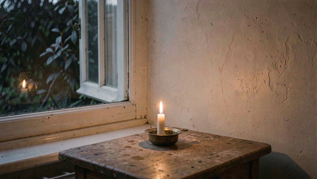 A short candle burning low in a small brass holder on a worn wooden table beside a window at nightfall, garden leaves dark against the glass and warm light on a bare plaster wall