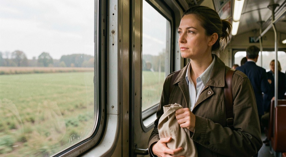 Commuter standing calmly by a train window in morning light with a cloth bag held in both hands and eyes resting on the passing fields