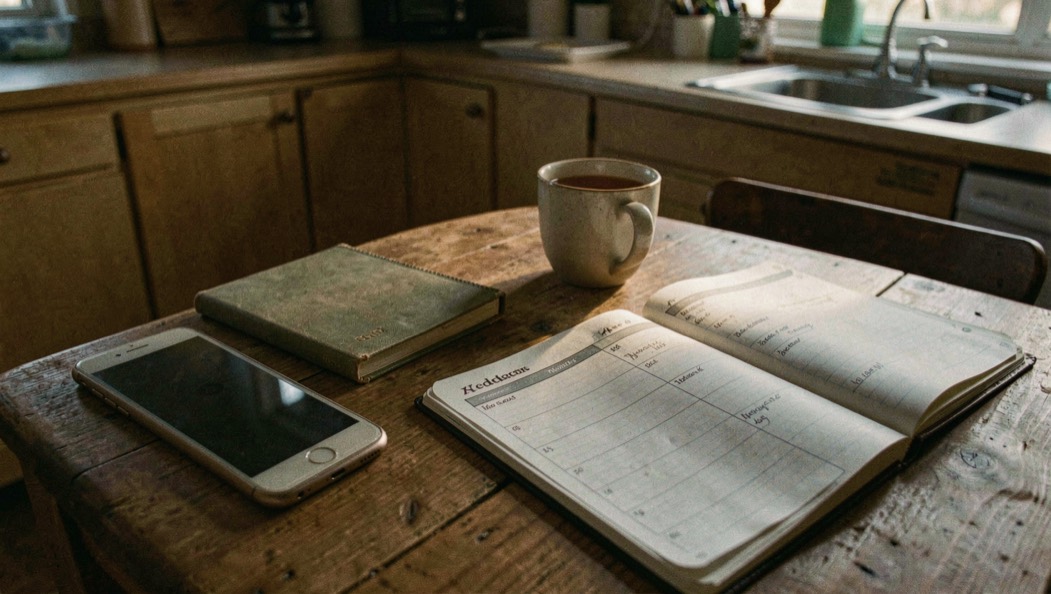 Kitchen table at dusk with a notebook, a cup of tea and a phone face down, evening light lying across an open weekly planner